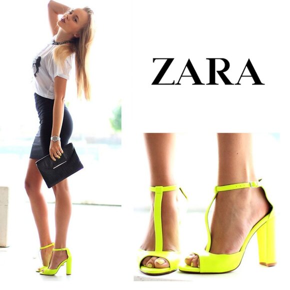 ZARA Neon Yellow T-Strap Block Heel Sandals Sz 6.5 Fluo Lime Party Shoes - Picture 1 of 13